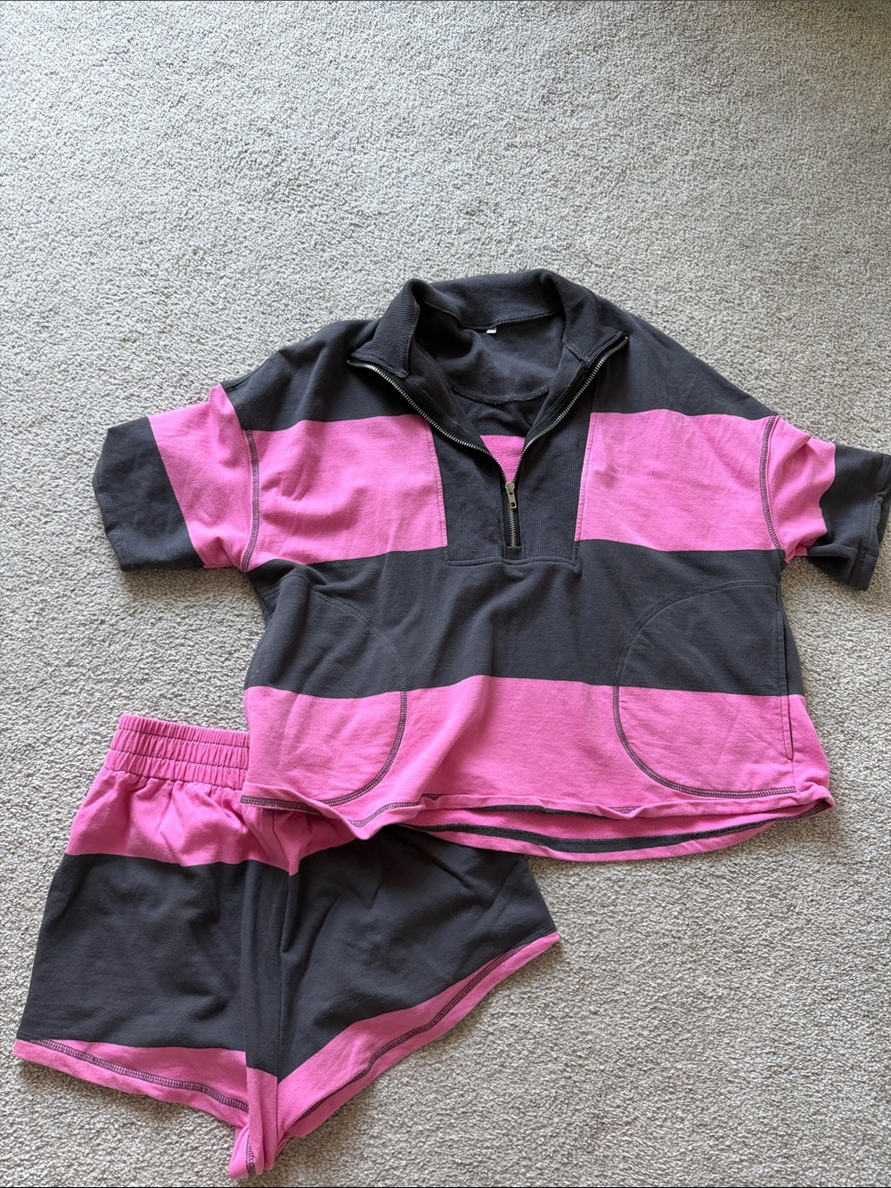 Amazon Women's Pink and Black Striped Lounge Shorts Set
